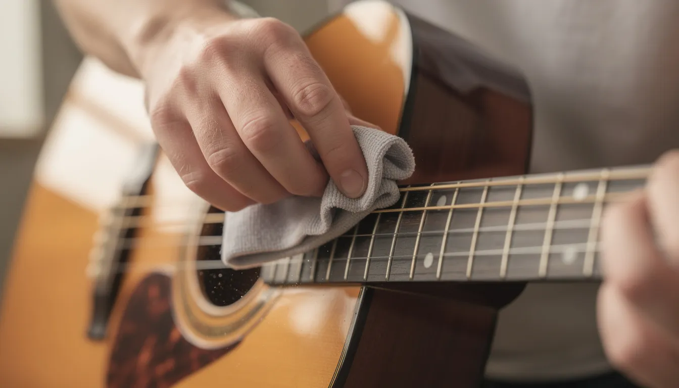 ギターの弦をクロスで丁寧に拭いている様子が描かれています。ギター初心者でも簡単にできる弦のメンテナンス方法として、弦交換の前に行うことが推奨されています。