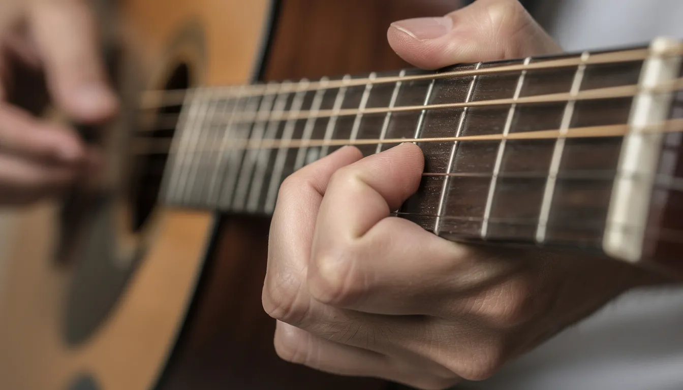 アコースティックギターのフレットボードで、優しく弦を押さえる手元のクローズアップ。50代から楽器を始める方におすすめの演奏シーンです。