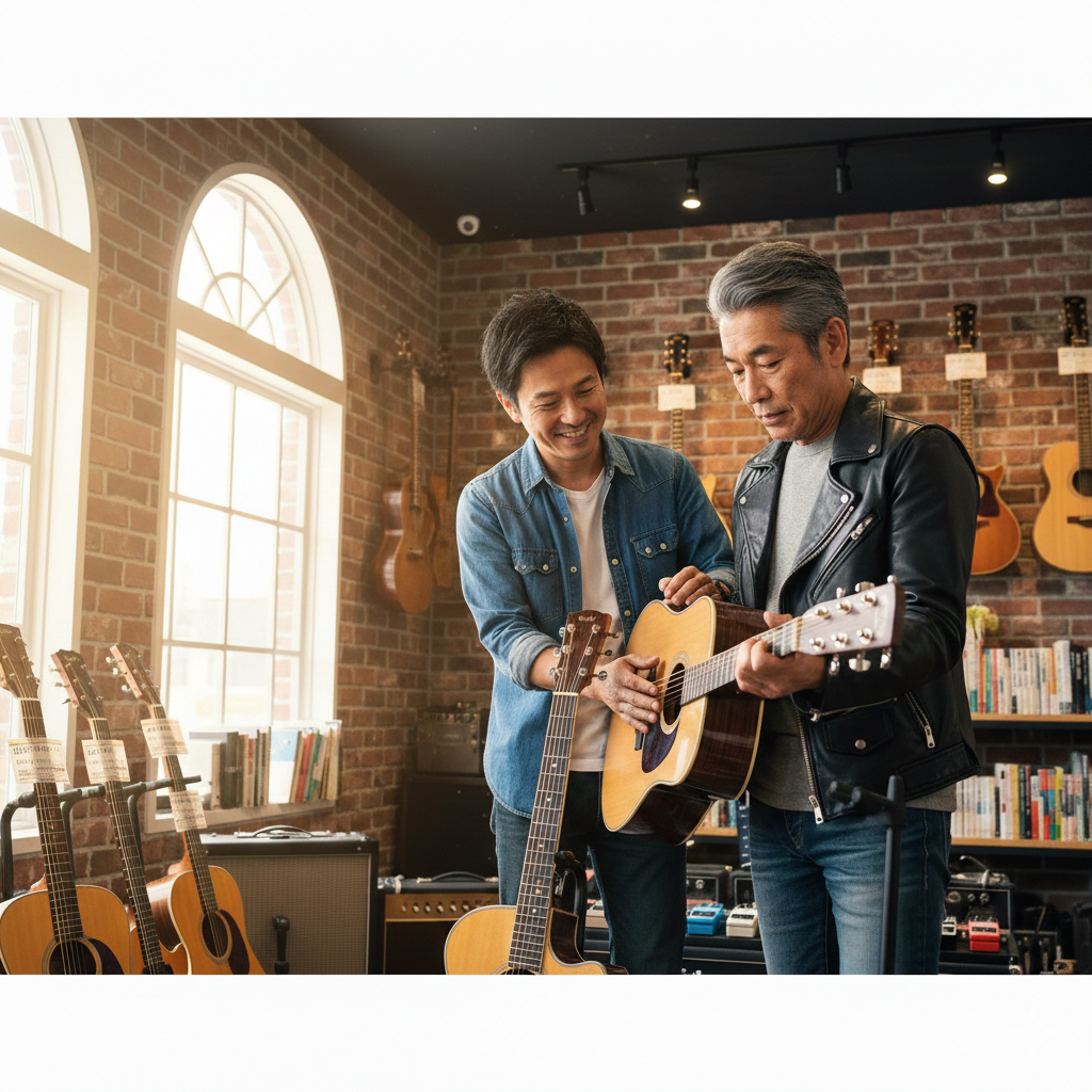 明るい音楽店で、フレンドリーなインストラクターが初心者にギターの正しい持ち方を教えています。楽器演奏を始めるための基礎を学ぶ楽しい瞬間です。