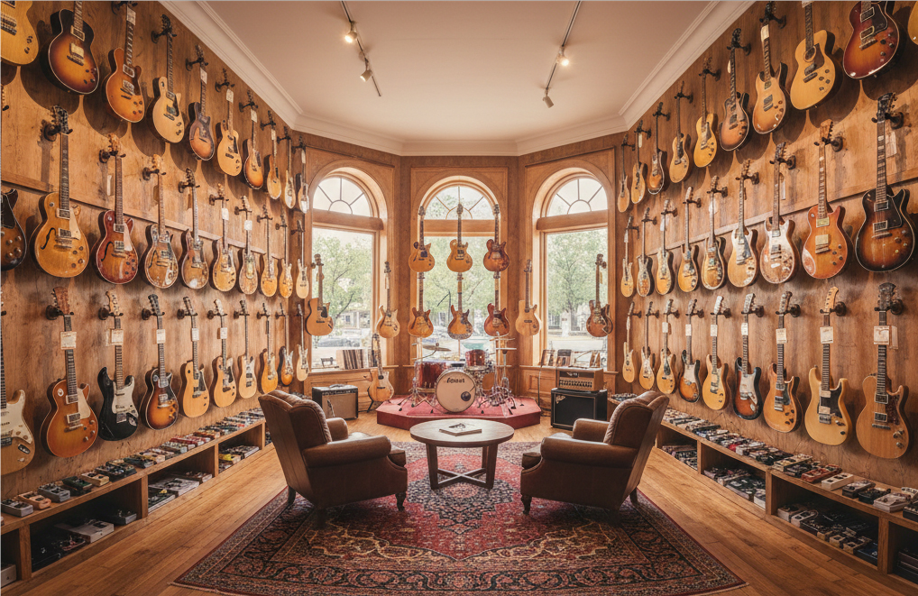 温かみのある音楽ストアの内部には、アコースティックギターやエレキギターが壁に美しく展示されています。ここでは、50代から楽器を始める方にぴったりの楽器が揃っており、初心者でも楽器演奏を楽しむことができます。