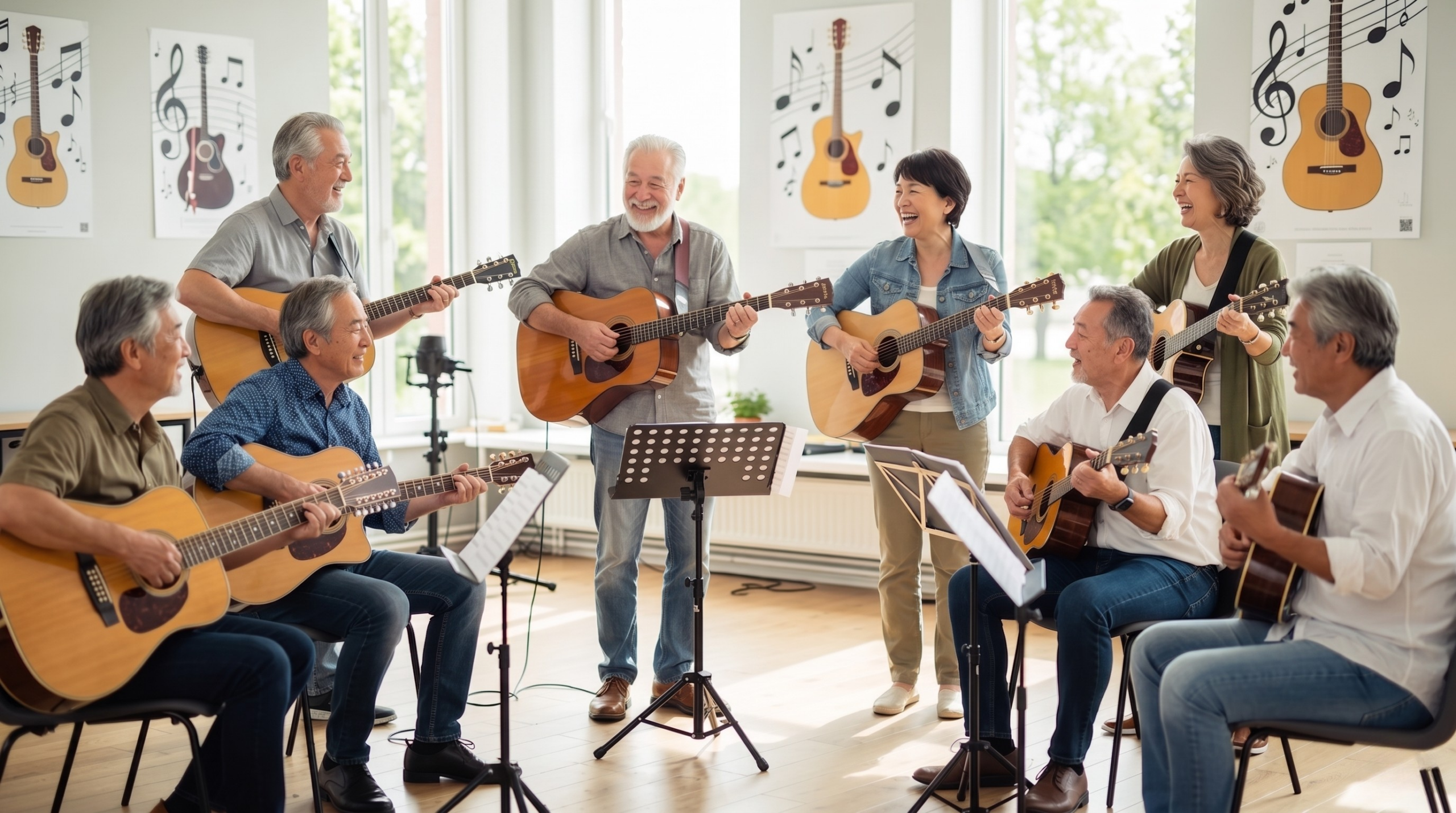 明るい音楽教室で、中高年の男女がギターを持ち、楽しそうに基礎練習をしている様子が描かれています。彼らは音楽を通じて趣味を楽しみ、自分のペースで練習を続けています。