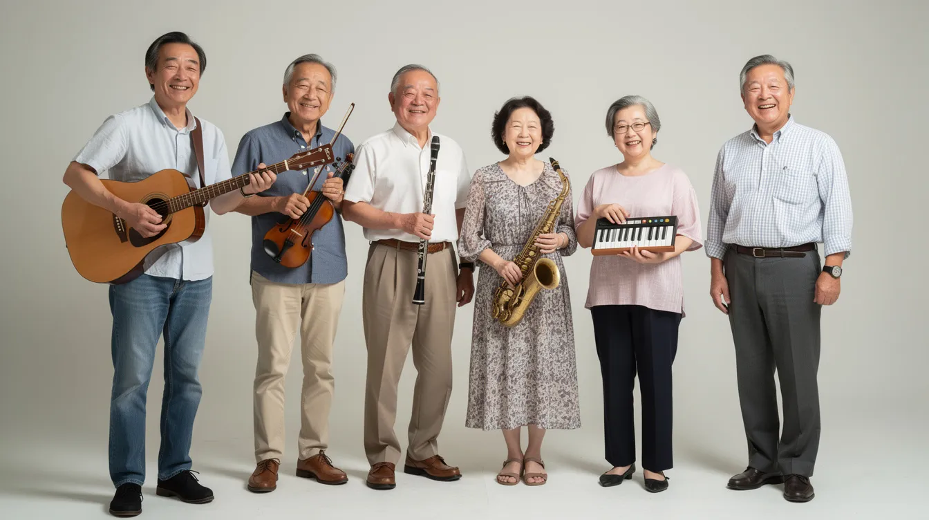 楽器を持って笑顔で立つ中高年の男女が描かれています。彼らは音楽教室でのレッスンを受けている様子で、趣味として楽器を楽しむ姿が印象的です。