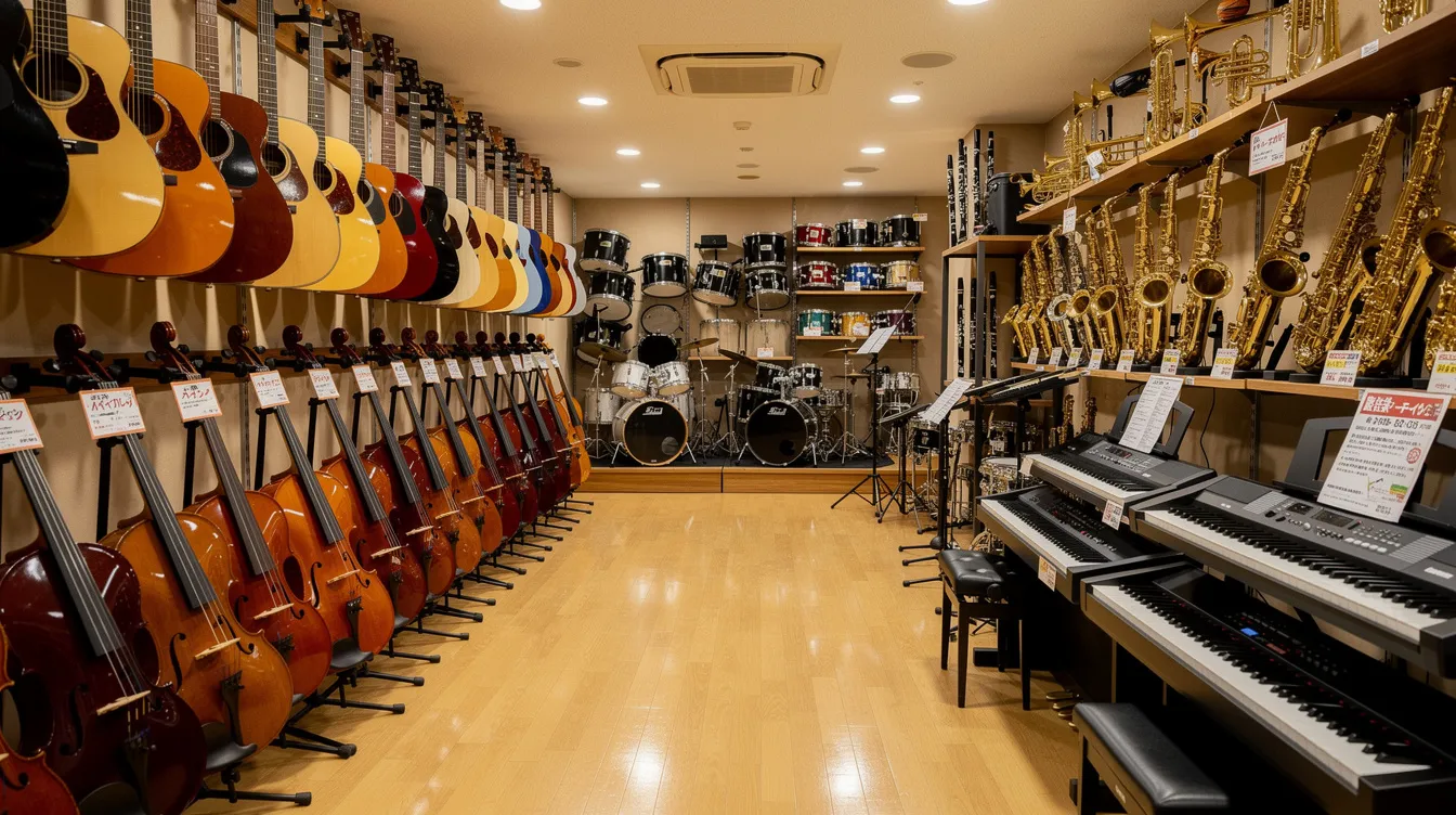 楽器店の店内には、様々な楽器が美しく並べられており、音楽教室の初心者が自分に合った楽器を見つけることができる空間が広がっています。ギターやピアノなど、趣味として音楽を楽しむための楽器が揃っています。