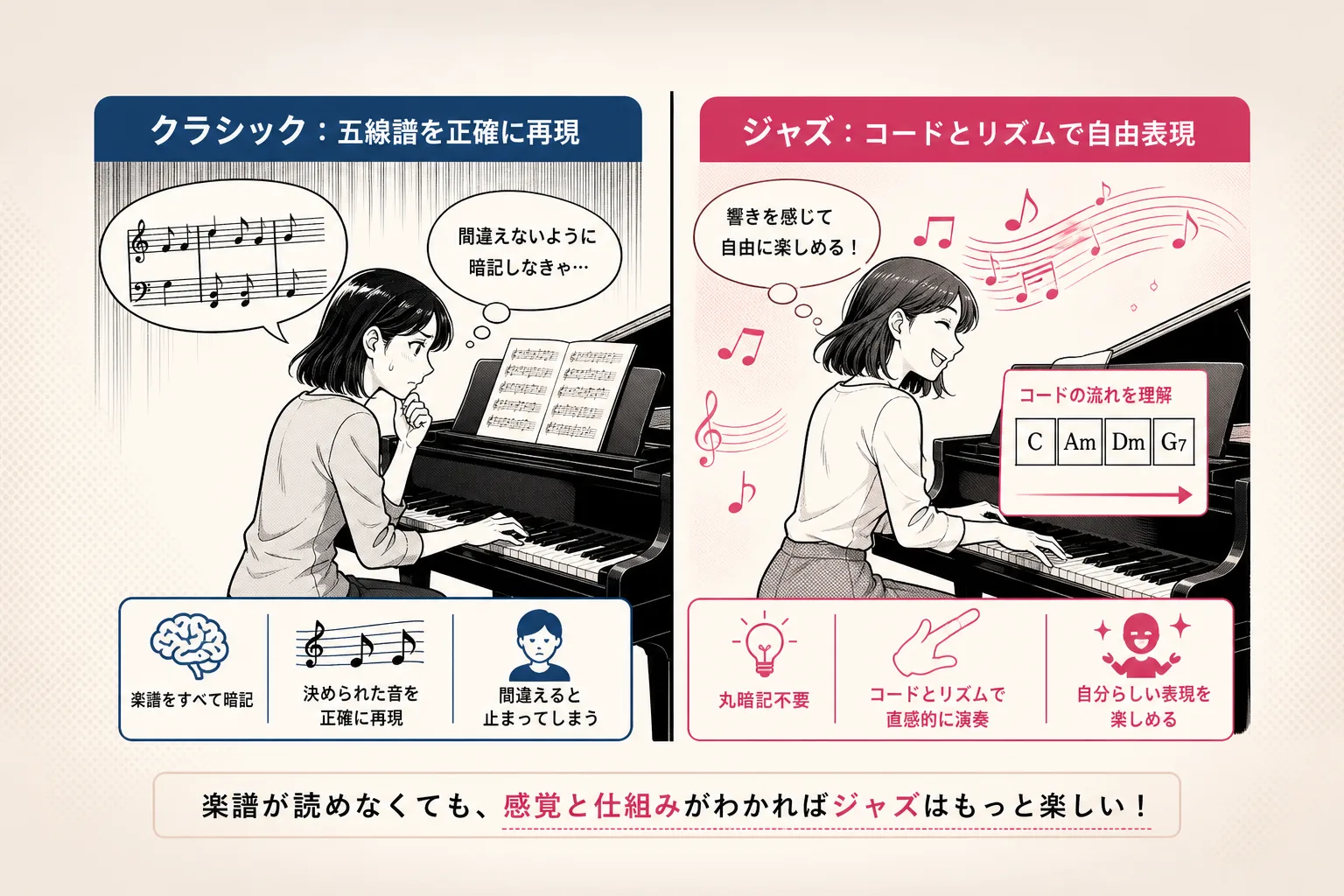 クラシックピアノの楽譜を追う難しさと、ジャズピアノのコードによる自由な演奏スタイルを比較したマンガ調の図解