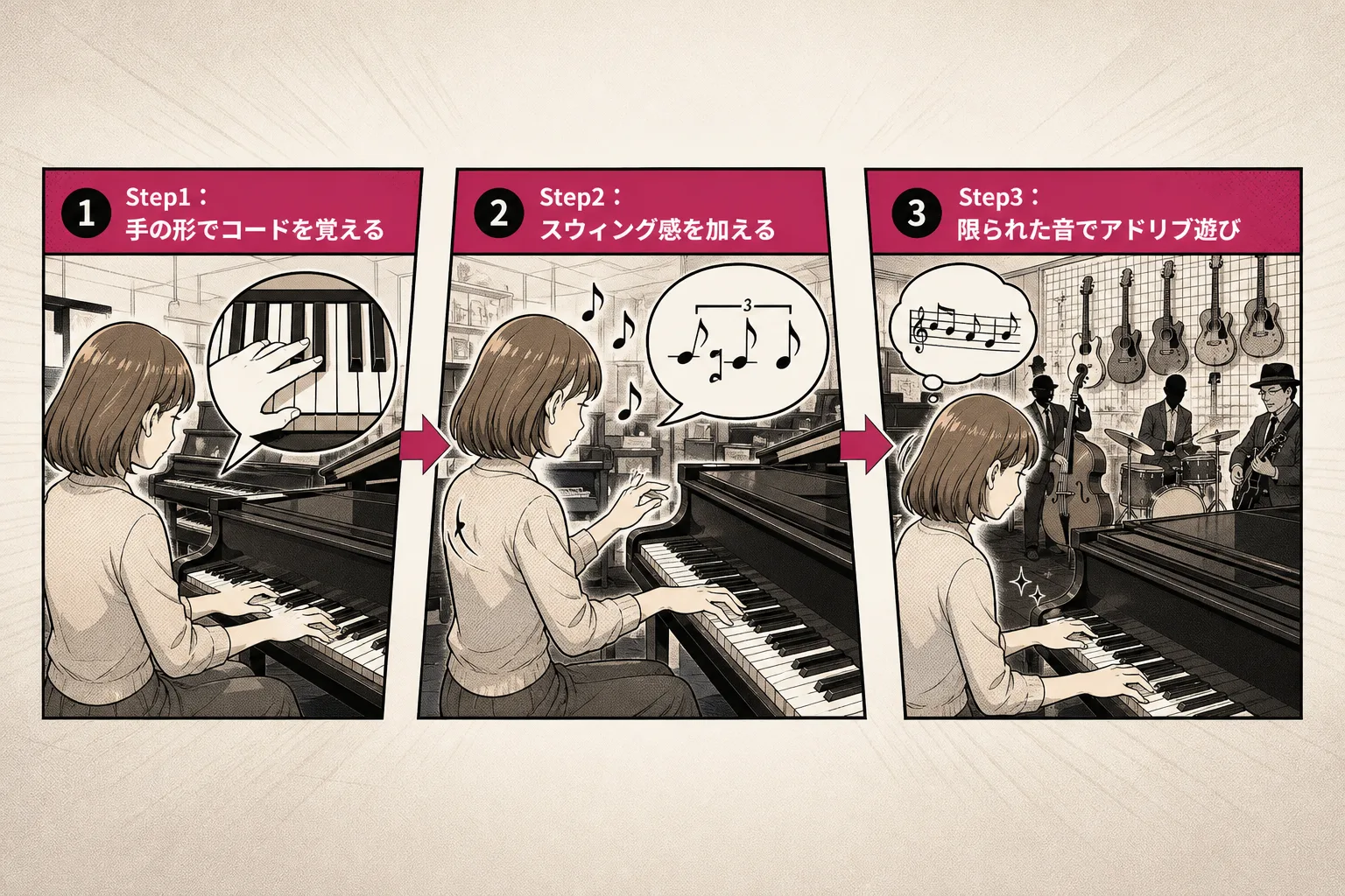 指の形を覚える段階からスウィングやアドリブ演奏へ進む流れを表現したマンガ調の3ステップ図解