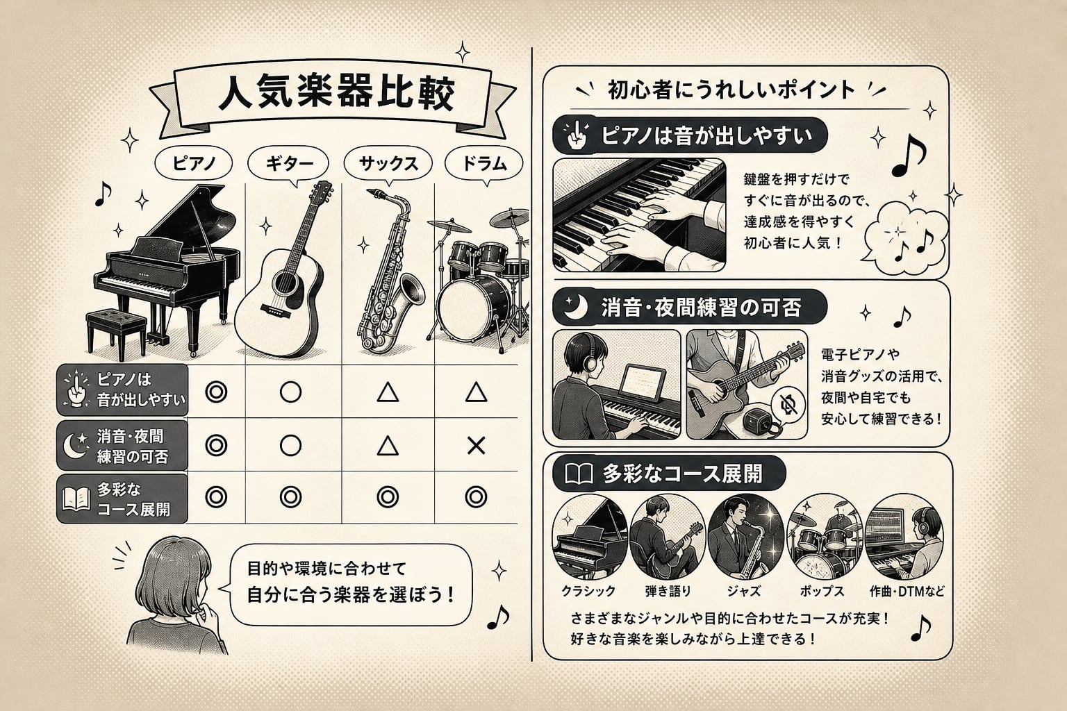大人の音楽教室で初心者に人気の楽器やおすすめの科目は何か?
