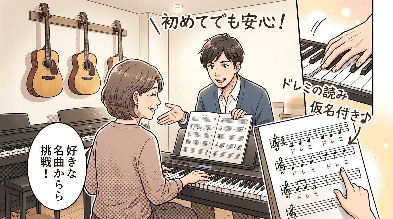 音符にドレミのふりがなが付いた楽譜を見ながら講師と笑顔で練習する大人の受講生のマンガイラスト