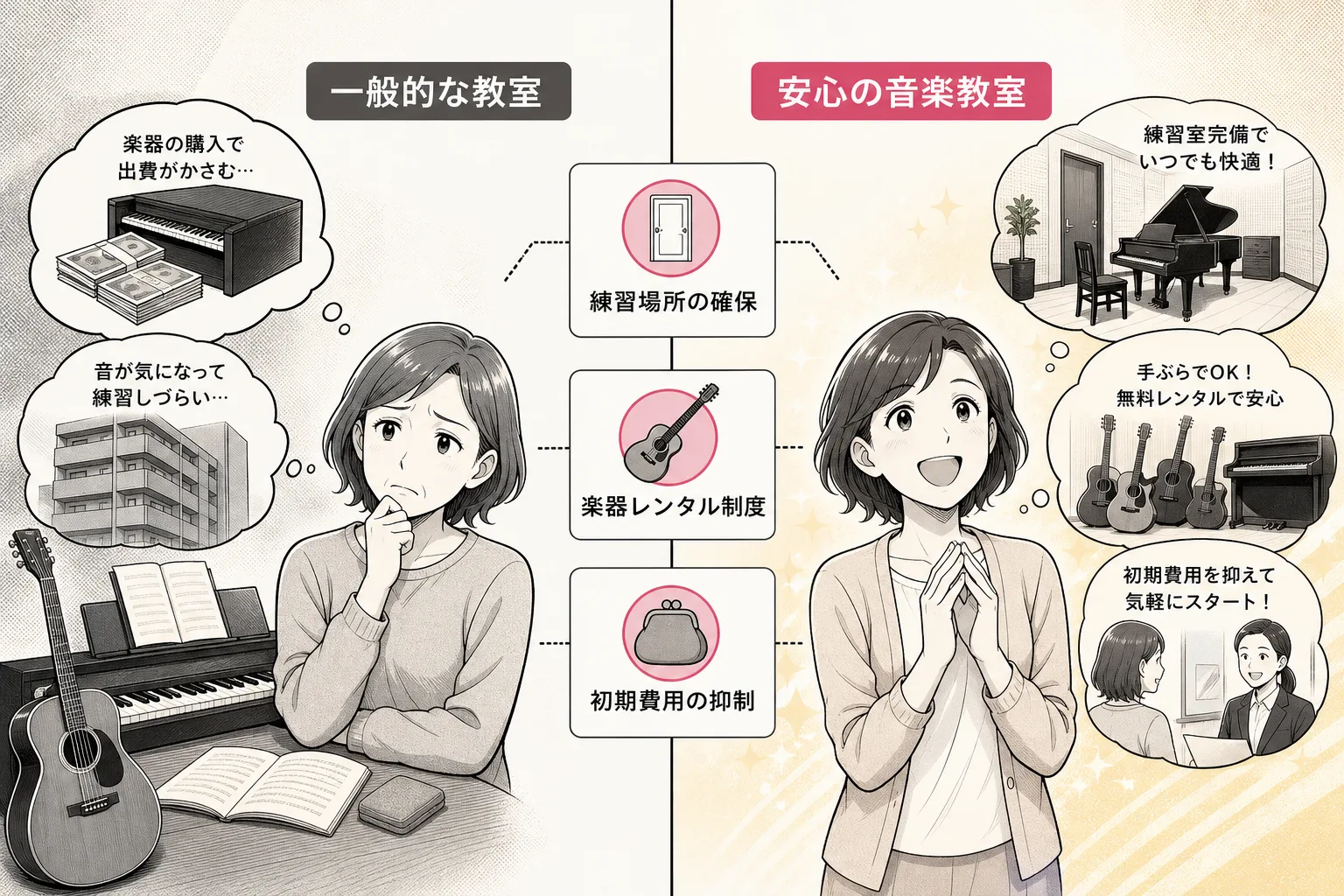 自宅練習が難しい場合の一般的な教室と練習室レンタル付き教室の比較を表にしたマンガ風解説図