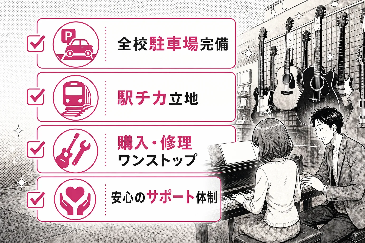 大型駐車場や駅前アクセス、修理対応などのチェック項目がアイコンで並ぶマンガ風リスト画像
