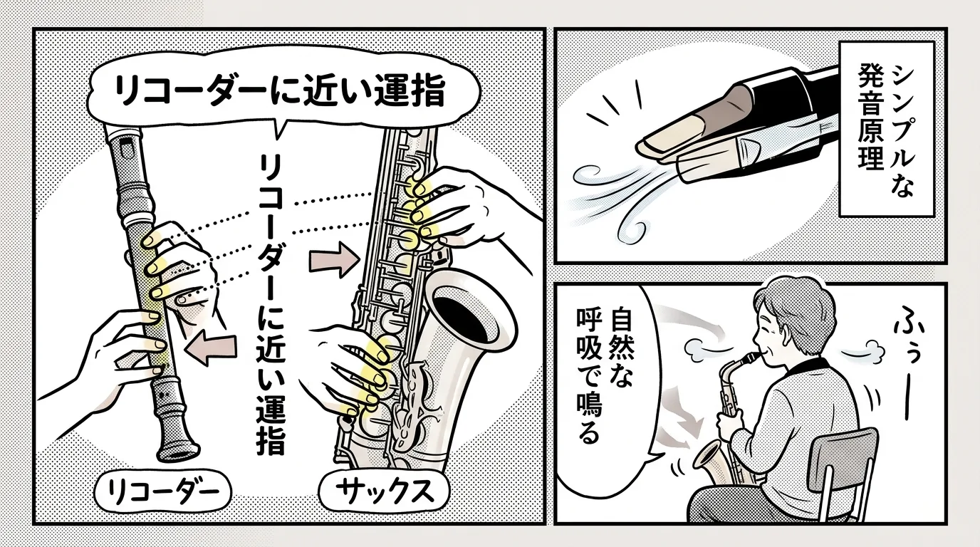 リコーダーとサックスのくわえ方や指の押さえ方を比較して簡単に吹ける理由を示すマンガ解説図