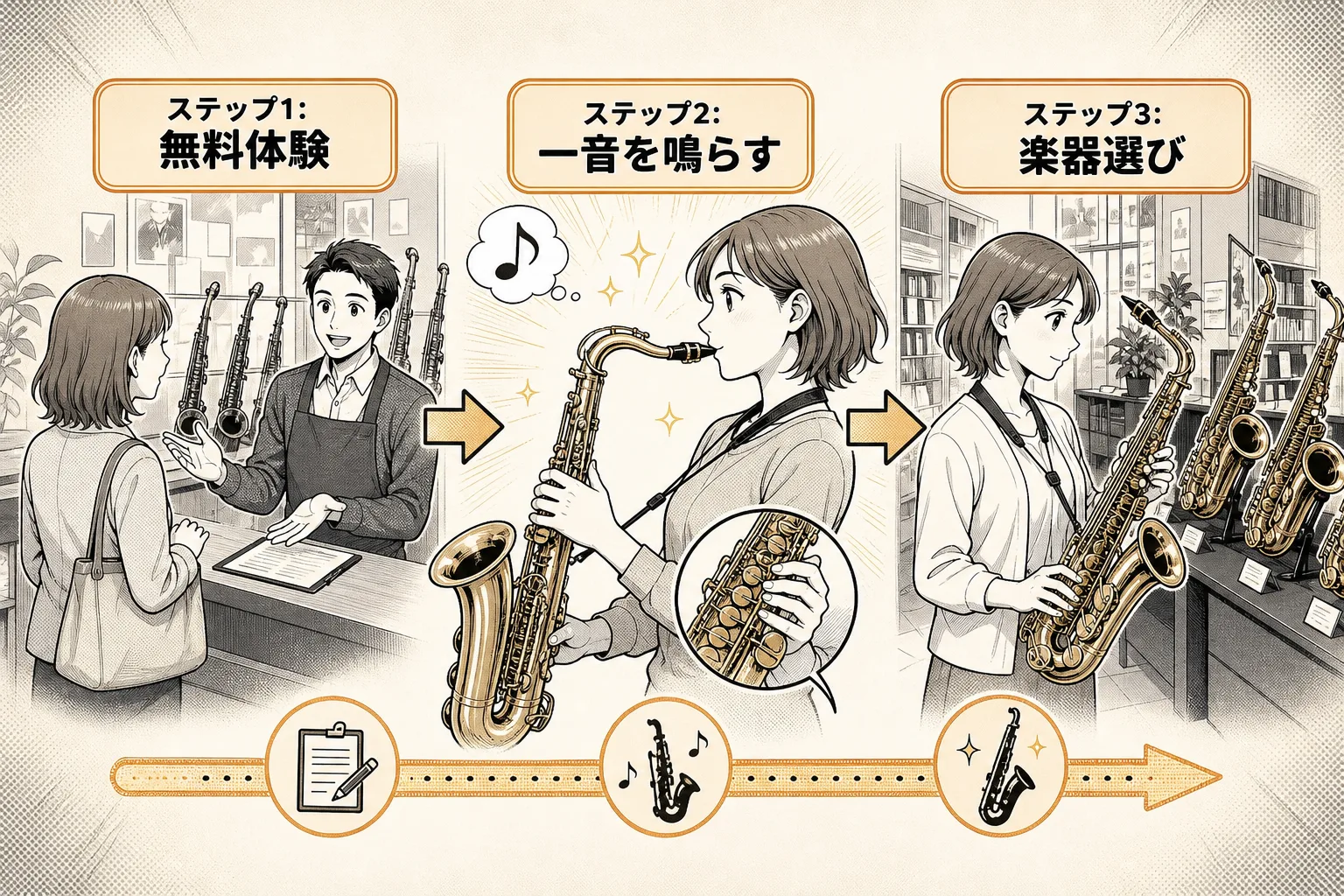 手ぶら体験から音出し体験を経て無理なくスタートする3段階の手順を描いたマンガ風ステップ図